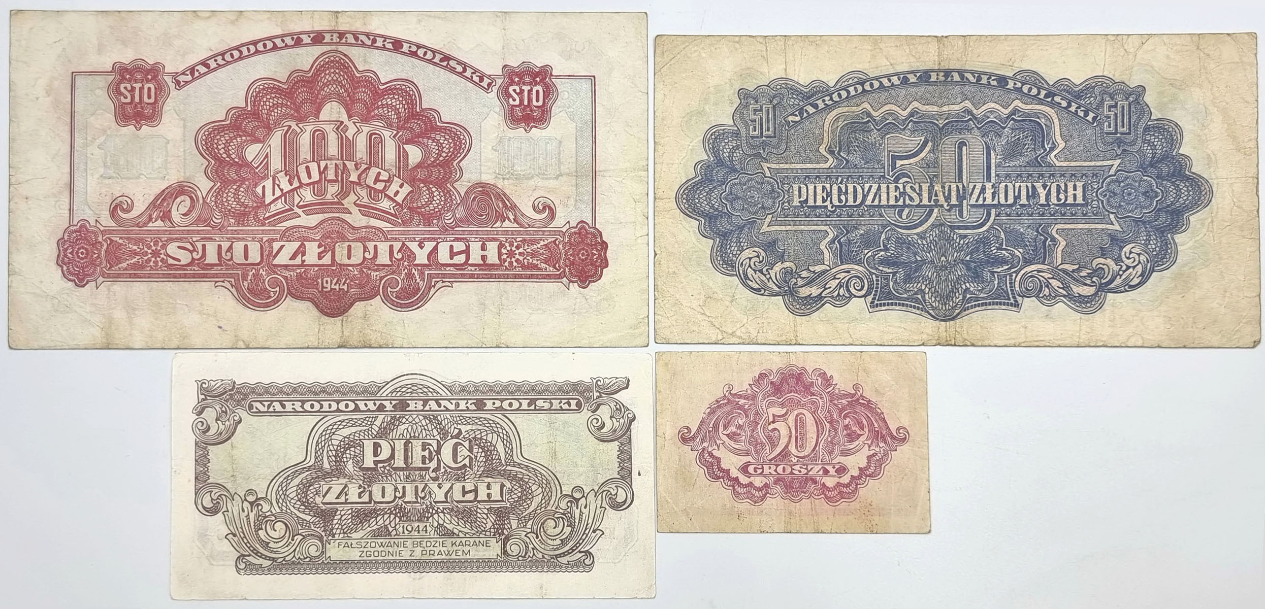 50 groszy do 100 złotych 1944, zestaw 4 banknotów